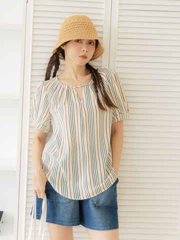 質感細條紋小V領拋袖上衣