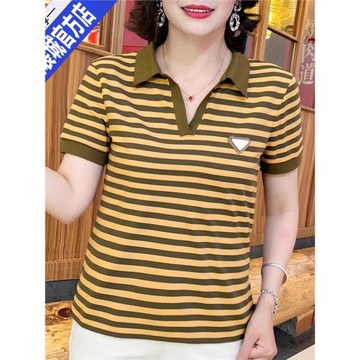 媽媽裝夏季時尚翻領條紋短袖上衣中年洋氣t恤純棉小衫氣質polo衫