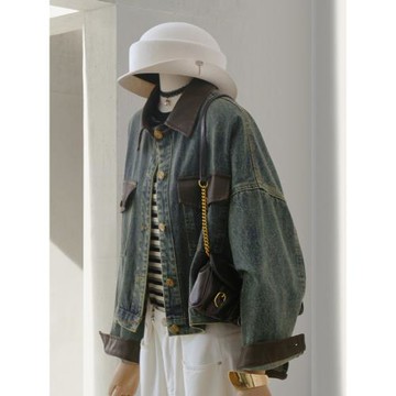 4U4U 拼皮設計感牛仔外套女歐洲站復古時尚寬松顯瘦短款長袖上衣