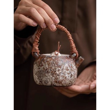 老巖泥繁花鎏銀藤編提梁壺茶水壺高檔復古家用泡茶壺單壺功夫茶壺