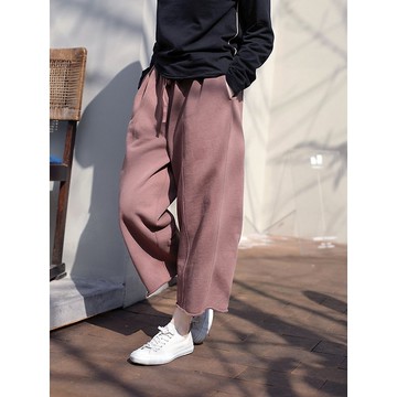 皮粉色加厚針織毛圈松緊腰抽繩休閒衛褲