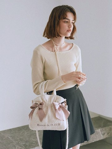 暖毛絨雙絲帶束口手提/側背包(08000830200) - Maison de FLEUR