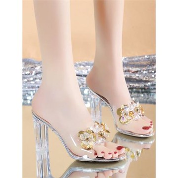 拖鞋女水鉆外穿涼拖2025夏季新款仙女露趾水晶高跟透明一字拖粗跟