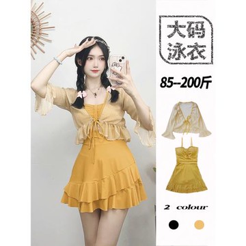 泳衣女微胖女孩黃色2025新款泡溫泉顯瘦遮肉連體保守大碼胖mm泳裝