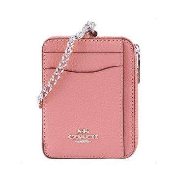 【COACH】荔枝紋皮革鍊帶零錢包-胭脂粉