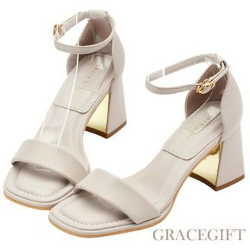 【Grace Gift】簡約方頭一字寬帶金屬粗跟涼鞋 淺灰