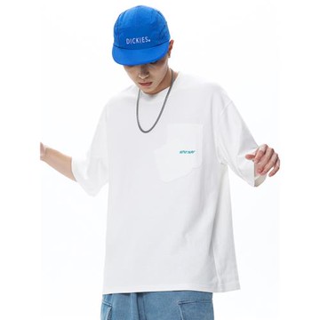 重磅300g！精美刺繡短袖!夏季外貿男士寬松純色半袖t恤純棉口袋潮