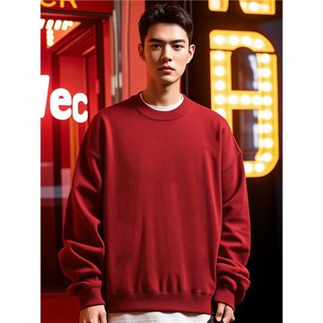 2026新年圓領本命年純色寬松加絨酒紅色情侶衛衣男大碼男裝打底衫