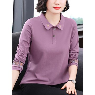 媽媽春秋裝2025新款秋衣外穿純棉長袖t恤女中老年polo上衣打底衫