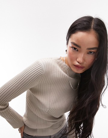 Topshop knitted fine gauge seam detail long sleeve top in stone-Neutral