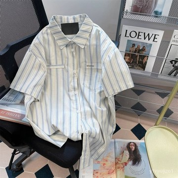 免運 台灣出貨 【店鋪熱銷】美式複古條紋短袖襯衫外套男女夏季休閒潮牌oversize港風情侶上衣限時下殺