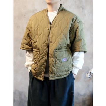 葫蘆格絎縫無領短袖棉衣外套寬松輕薄半袖中袖棉襖五分袖棉服男女