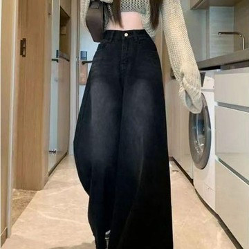 美式設計感毛邊牛仔褲女春秋高腰垂感寬鬆大喇叭闊腿褲慵懶拖地褲