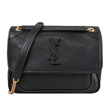 YSL 633160 NIKI 經典LOGO羊皮紋理翻蓋肩背/斜背鍊包.黑