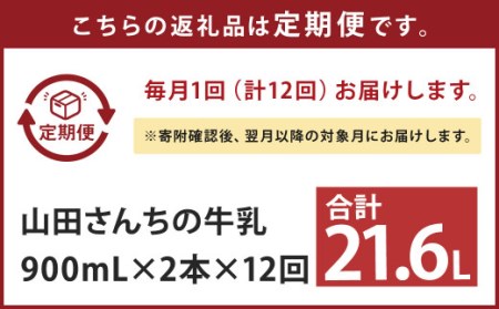 山田さんちの牛乳 2本セット 900ml×2本 計12回 合計21.6L ノンホモ牛乳 牛乳