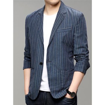 超薄亞麻西裝男條紋春夏寬松休閑防曬小西服輕薄棉麻單西單層外套