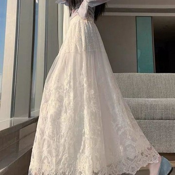 現款免運 半身裙 半截裙 下身裙 韓系休閒大碼半身裙 法式白色蕾絲網紗拼接半身裙夏新款高腰顯瘦中長款裙子女T
