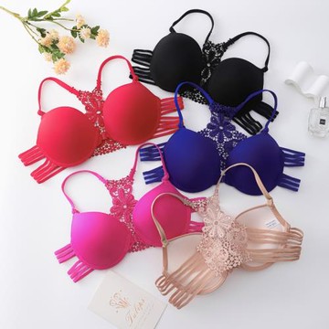 日系蕾絲Y型美背深V性感女士內衣小胸聚攏調整型光面前扣文胸少女