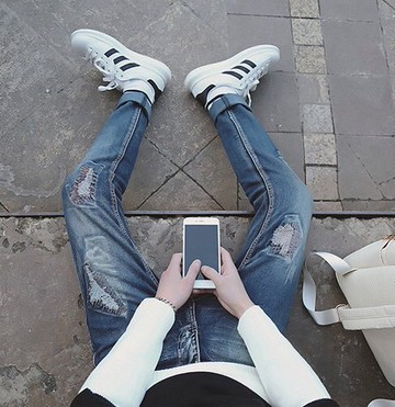 【JP.美日韓】　韓國　補丁　牛仔　刷破　破牛仔褲　潮流褲　貼布I6 M8  直營