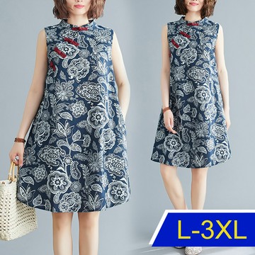 【韓國K.W.】KBN7321文藝復古盤扣洋裝(中國風/亞麻/輕薄)