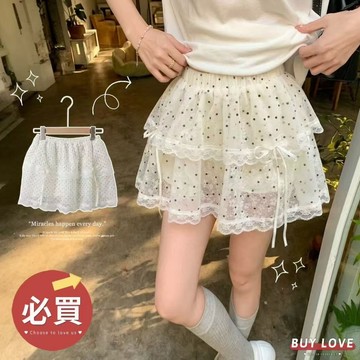 【買到戀愛】隔日到貨 波點蕾絲蛋糕裙 有安全褲 高腰顯腿長蓬蓬短裙 【C934】