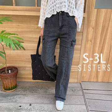 SISTERS大口袋丹寧牛仔寬褲 工裝褲/S-3L(女下著/顯瘦/女褲/牛仔褲/褲子/長褲)