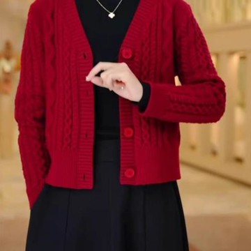 羊毛衫短款針織開衫秋冬季新款提花麻花寬松顯瘦外套紅色洋氣上衣