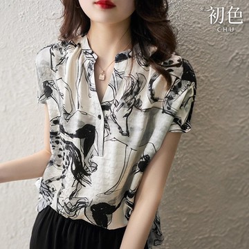 【初色】藝術水墨印花雪紡上衣-花色-61128(M-2XL可選)