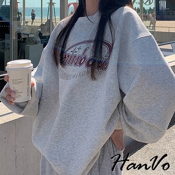 【HanVo】美式字母印花加絨T恤 寬鬆休閒百搭圓領 韓系女裝 女生衣著 A02-0583