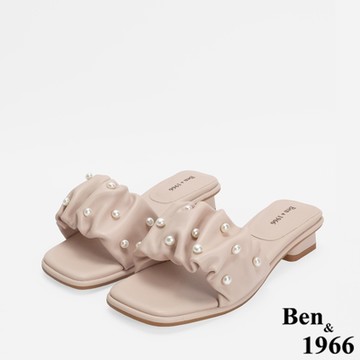 Ben&1966柔軟羊皮氣質珍珠一字低跟涼拖鞋-粉紅(246541)