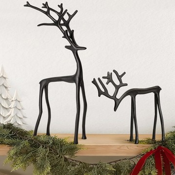 洛陽牡丹 Set of 2 Black Reindeer Statues合金聖誕小雕像黑色馴鹿雕像