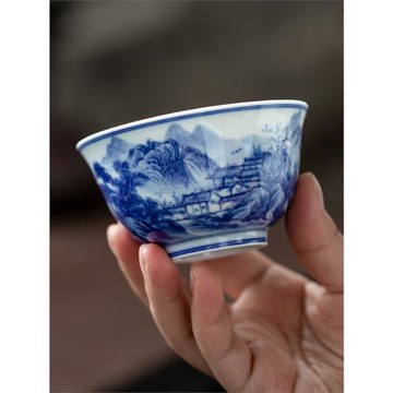 民間藝人純手工山水青花主人杯單杯景德鎮陶瓷手繪功夫茶杯品茗杯