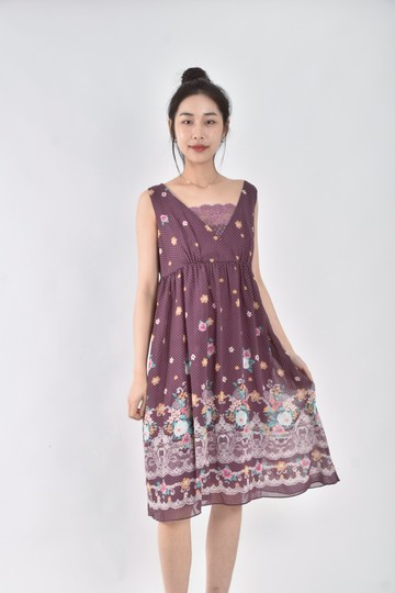 (M) en suey春夏蕾絲波點花卉無袖紫色洋裝