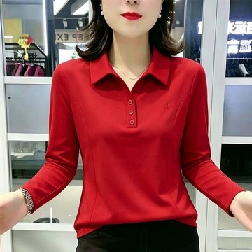 素色顯瘦上衣 小衫 襯衣 襯衫 POLO衫 春秋時尚洋氣純色翻領長袖刺繡顯瘦POLO小衫遮肚 韓版女裝