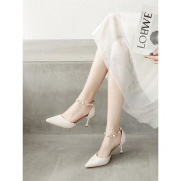 5cm 白色高跟鞋女一字扣帶細跟涼鞋2025春夏季新款鏈子尖頭單鞋女