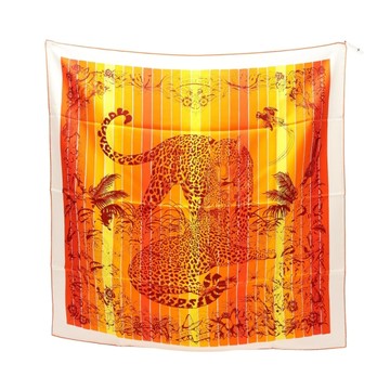 HERMES 愛馬仕 白/橘色 絲綢 Jungle Love Rainbow Carre 90 方巾 【二手名牌BRAND OFF】