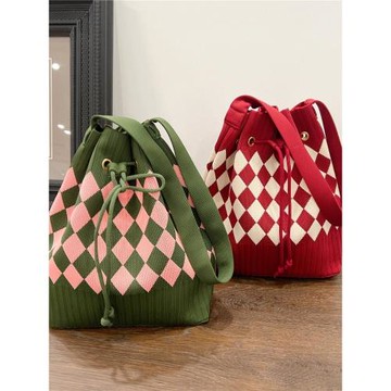 敞口抽繩磁扣針織單肩包包大容量手提包水桶包復古百搭便攜托特包