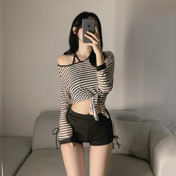 比基尼妮.敏佳長袖微紗條紋三件式短褲泳裝(M-XL)