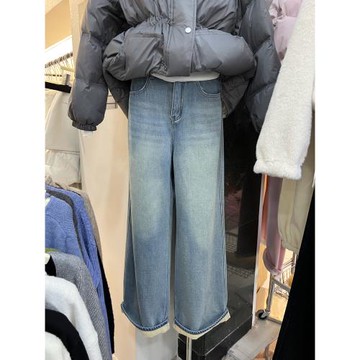 韓版冬季潮流新款韓國東大門純色洗水復古直筒顯瘦百搭加絨牛仔褲