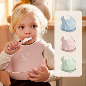 【奇哥】BABYBJORN成長軟膠防細屑圍兜2入組-大+小(4色選擇)｜新生兒禮、寶寶餐具、副食品、週歲禮