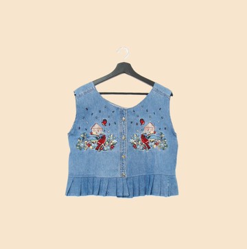 Back to Green-丹寧刺繡背心 美滿 夫妻鳥 dv-35//vintage vest