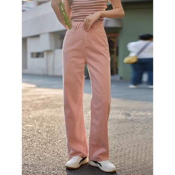 秋曦粉色牛仔褲女2025新款休閑寬松垂感高腰拖地長褲直筒闊腿褲子