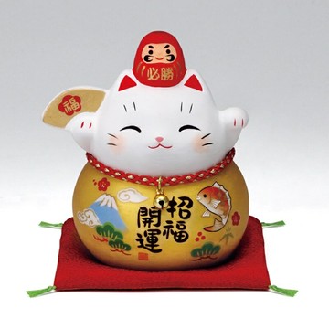 日本製❇️瀨戶市藥師窯 ❇️彩耀必勝だるま招き猫(金福扇･小)?擺飾/招財/招福❇️禮贈品/開店/營業