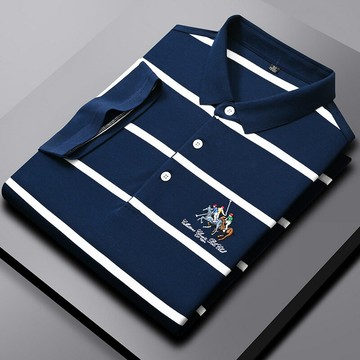 【新款熱賣】男裝夏季新款百搭刺繡條紋短袖時尚日常休閑男士polo衫上衣