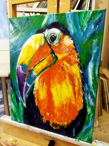 布面油畫，有一隻雀50x40 厘米