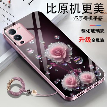 適用vivos15手機殼s15pro維沃viv0vovos玻璃鏡面金屬漆露珠花精孔超火花朵潮牌套機殼外殼超薄液態時尚簡約