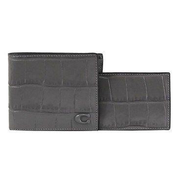 COACH CW439 經典C LOGO鱷魚壓紋附活動夾/對開式短夾.灰