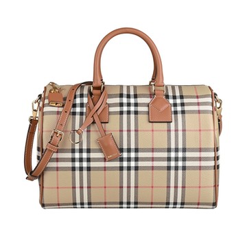 BURBERRY 巴寶莉 壓印皮標圖案LOGO拼接格紋設計拉鍊手提肩背保齡球包(中/典藏米x焦糖棕)