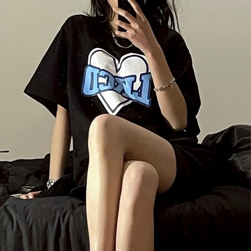 超火港風愛心正肩短袖T恤女夏ins潮牌原宿風寬松百搭半袖上衣