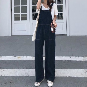 背帶褲女夏薄款小個子寬松直筒闊腿高腰顯瘦牛仔酷鹽系吊帶褲秋裝